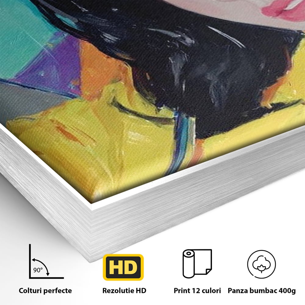 Detaliu al suprafetei: pictura cu femeie bruneta si umbrela colorata, in rama de aluminiu argintiu